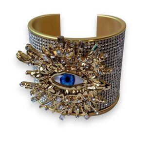 Gold Evil Eye Cuff Rhinestone Wide Bracelet Schiaparelli Style Bold - New